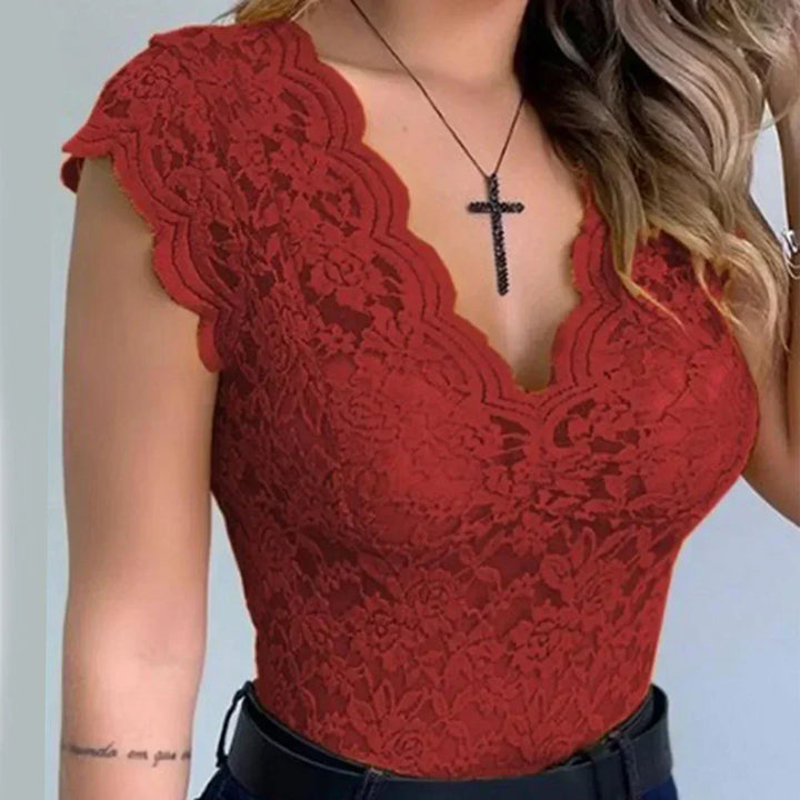 Women's Sleeveless Lace Blouse with V-Neck