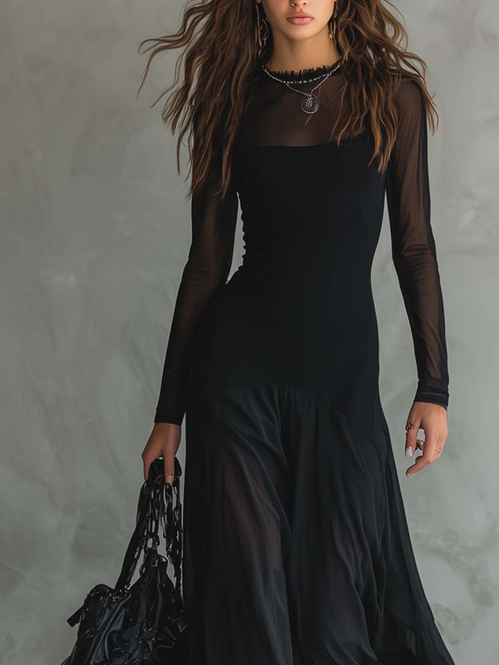 Women's Dress | Fitted Maxi with Tulle and Long Sleeves