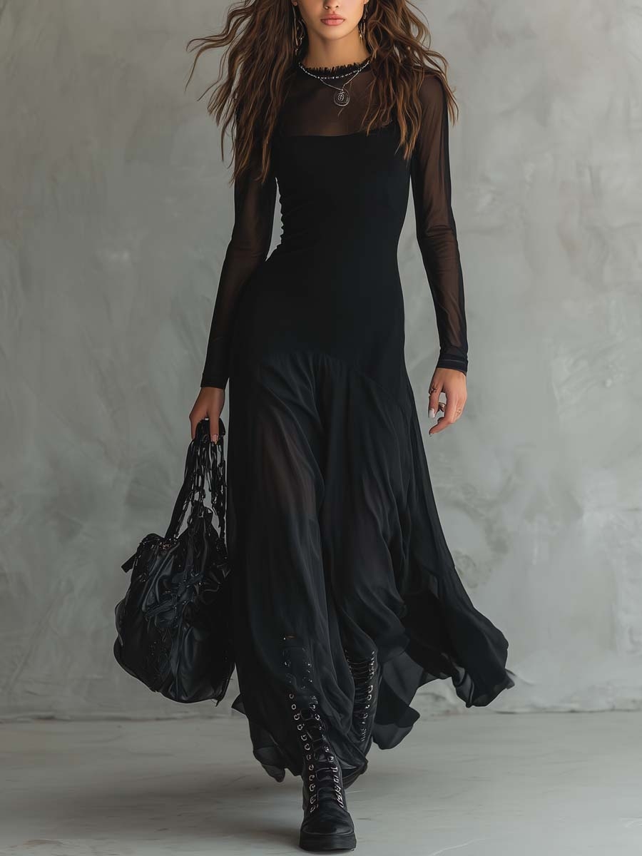 Women's Dress | Fitted Maxi with Tulle and Long Sleeves