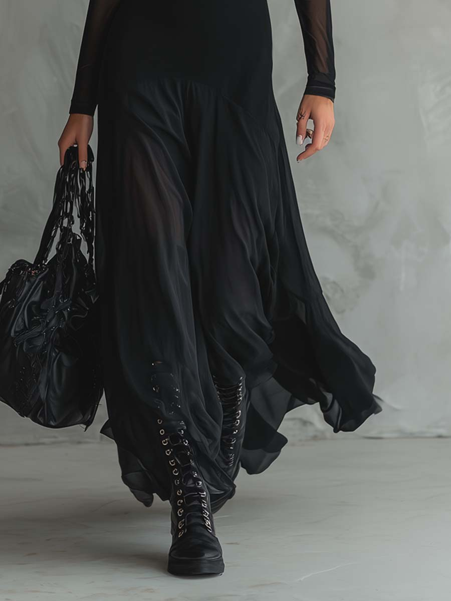 Women's Dress | Fitted Maxi with Tulle and Long Sleeves