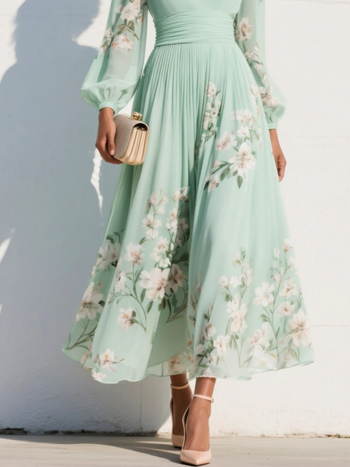 Light Green Midi Dress with V-Neck in Floral Chiffon
