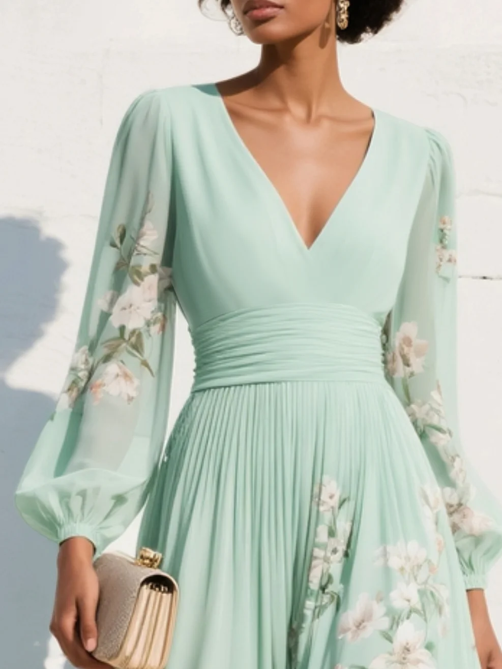 Light Green Midi Dress with V-Neck in Floral Chiffon