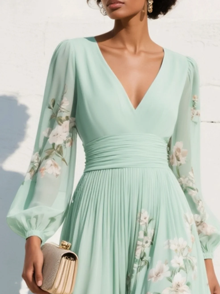 Light Green Midi Dress with V-Neck in Floral Chiffon