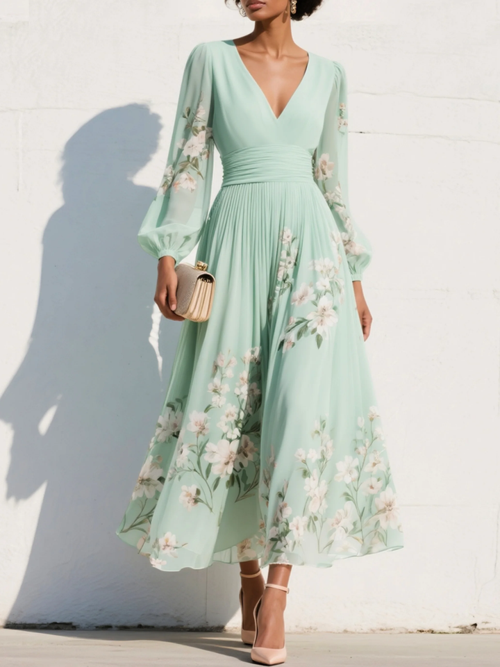 Light Green Midi Dress with V-Neck in Floral Chiffon