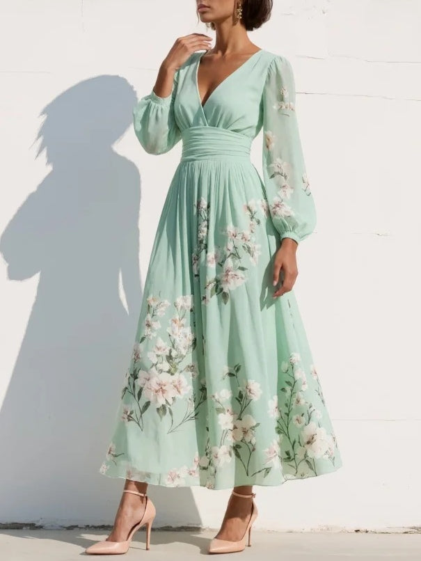 Light Green Midi Dress with V-Neck in Floral Chiffon