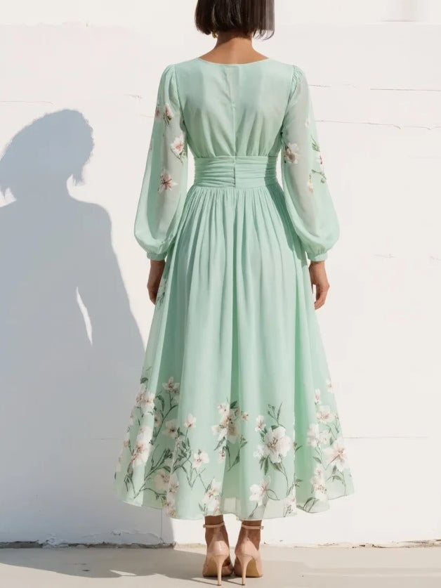 Light Green Midi Dress with V-Neck in Floral Chiffon