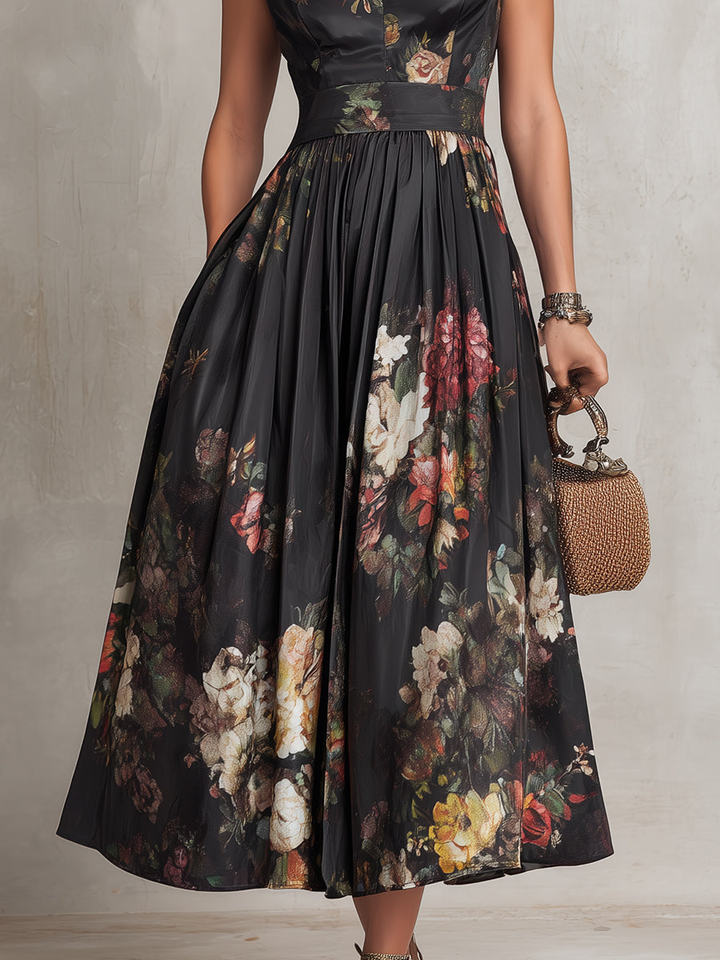 Patricia | Black Floral Satin Midi Dress