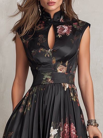 Patricia | Black Floral Satin Midi Dress
