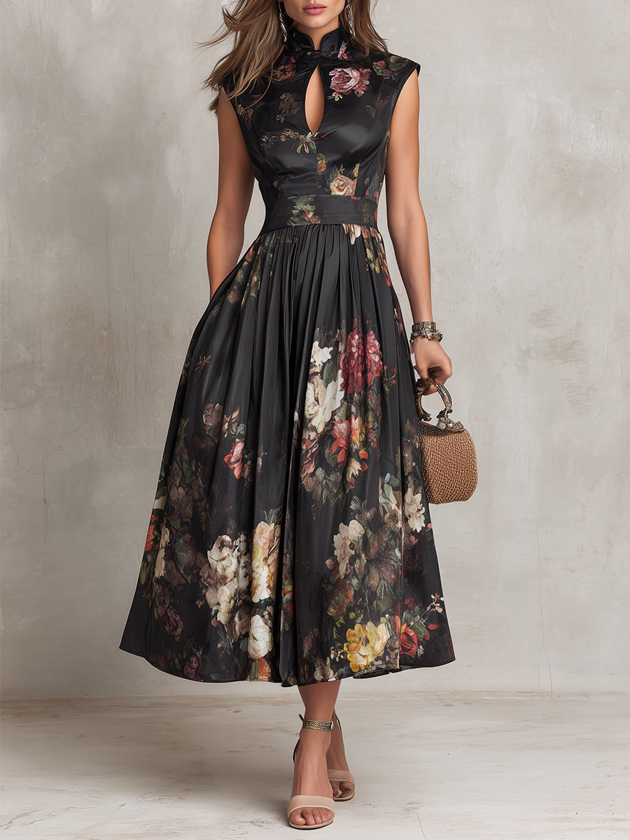 Patricia | Black Floral Satin Midi Dress
