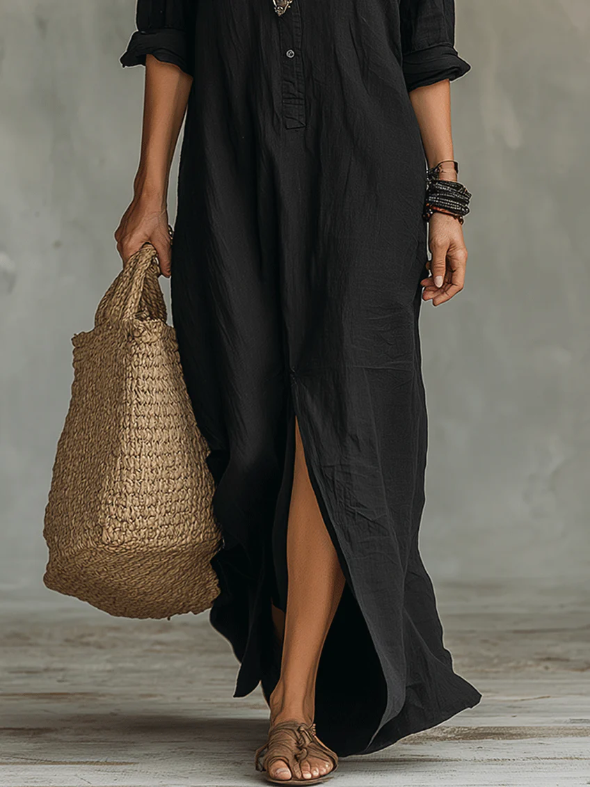 Soline | Long Black Dress with Buttons