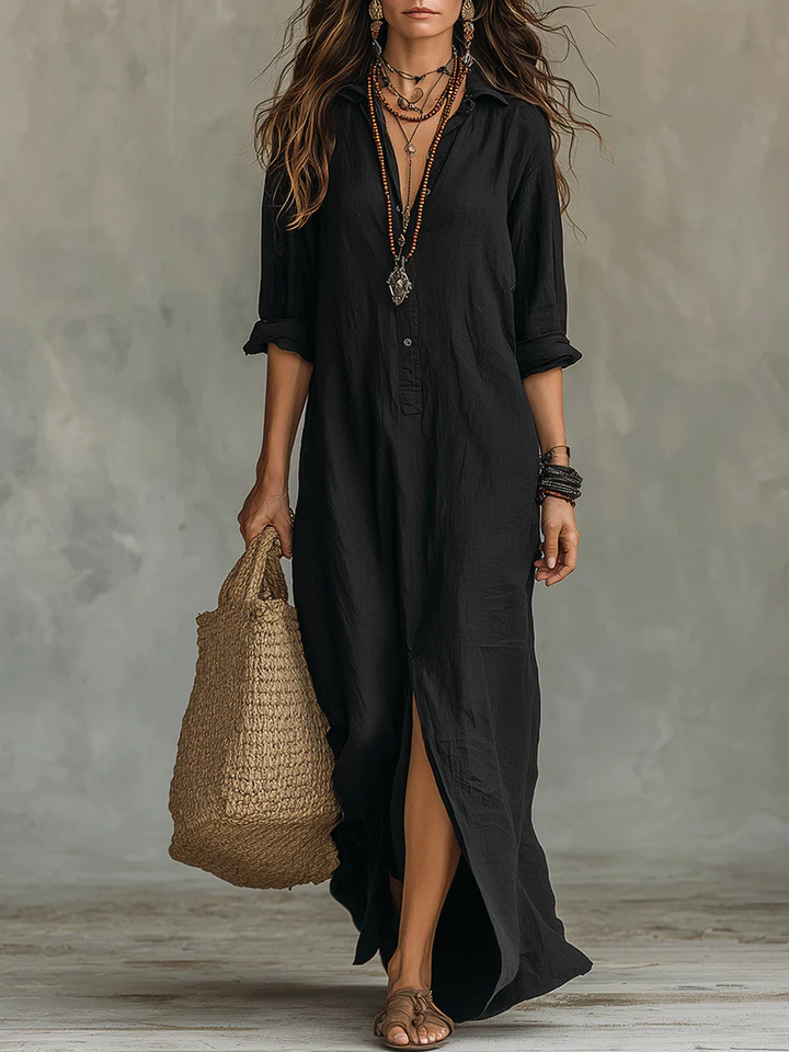Soline | Long Black Dress with Buttons