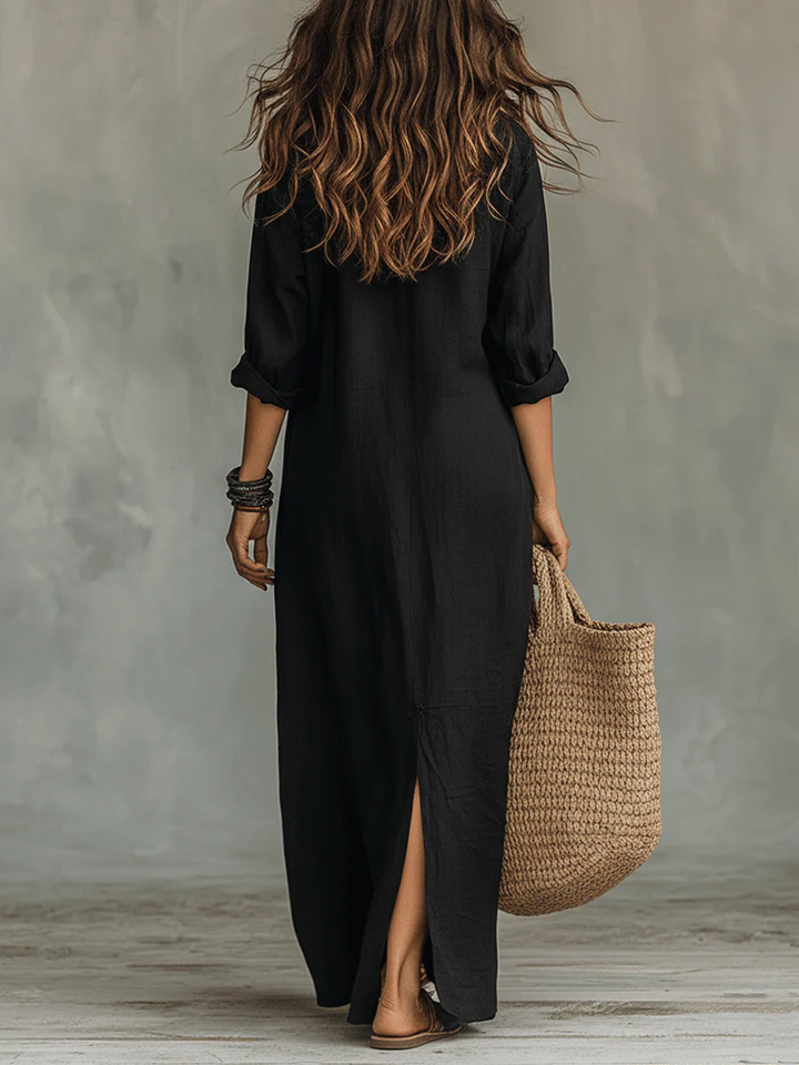 Soline | Long Black Dress with Buttons