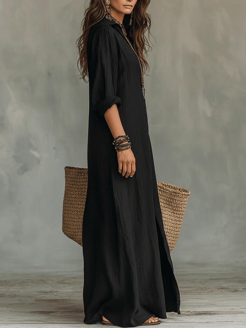 Soline | Long Black Dress with Buttons