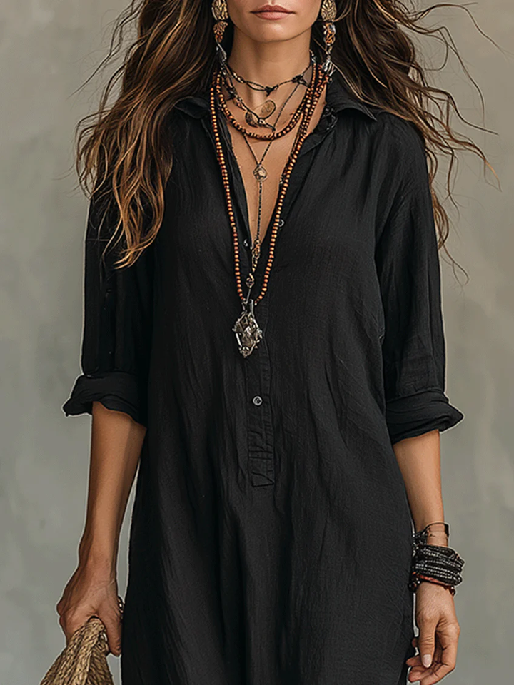 Soline | Long Black Dress with Buttons