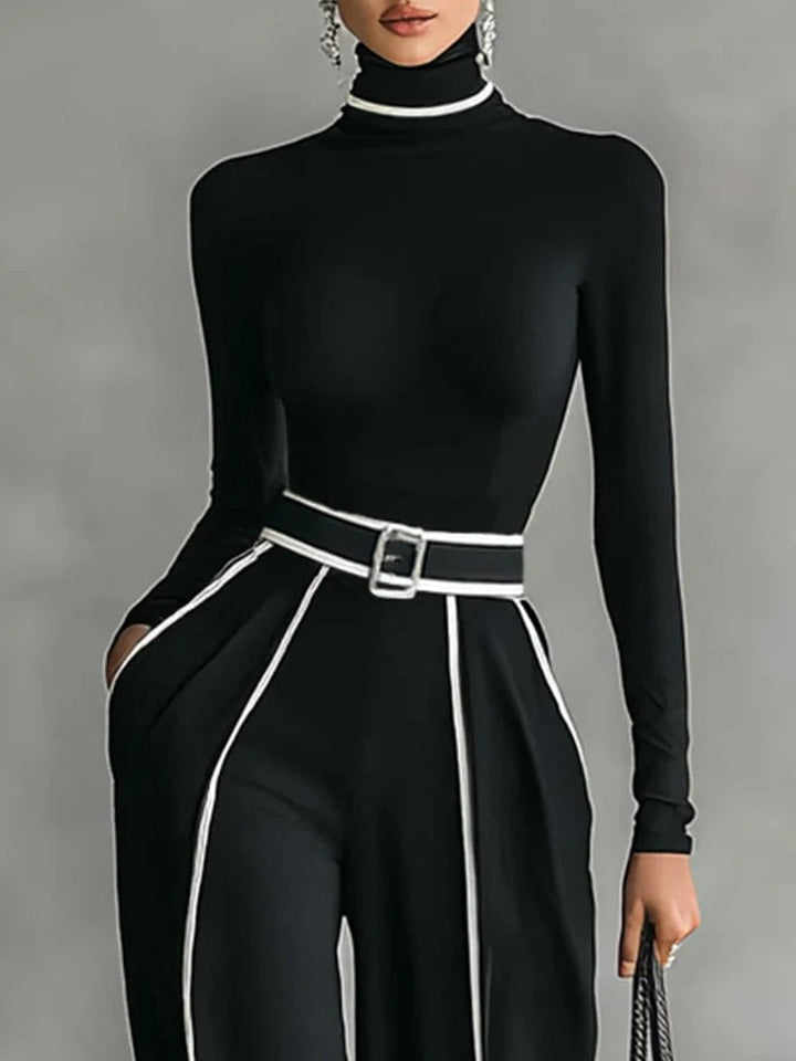 Set consisting of a turtleneck long-sleeve blouse with white accents, wide trousers, and a belt
