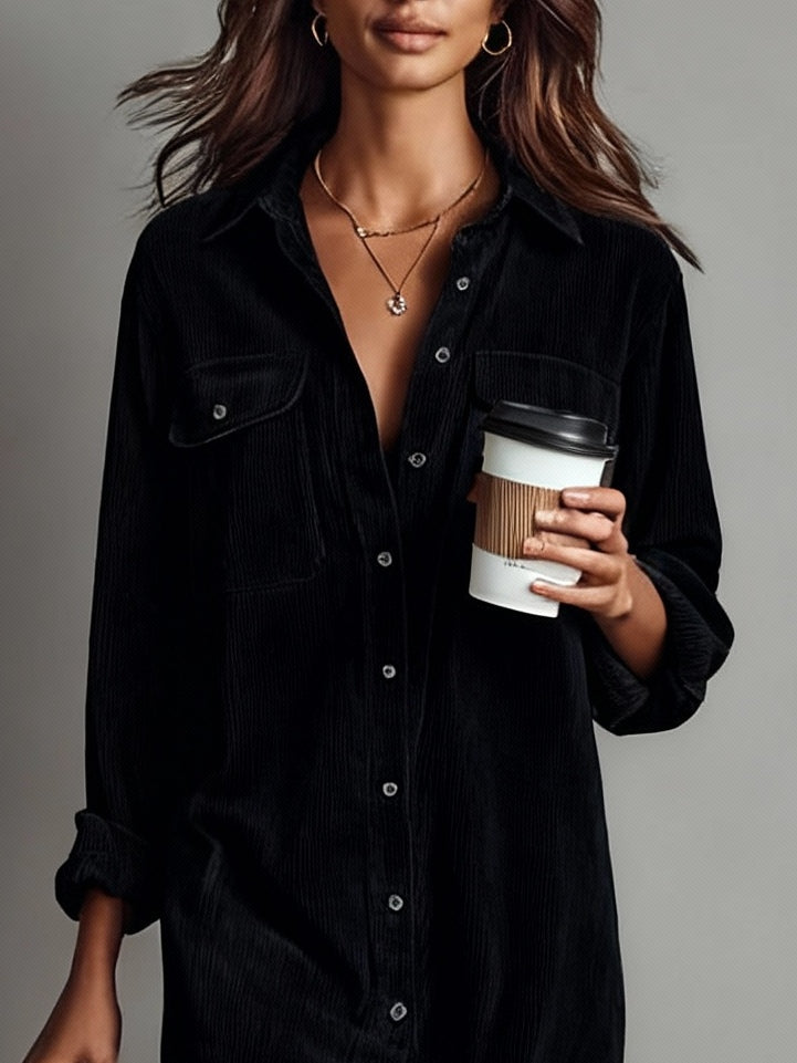 Loose Corduroy Double Chest Pocket Single Breasted Midi Dress