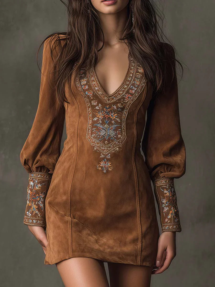 Gyana | Embroidered Mini Dress with Deep V-Neck