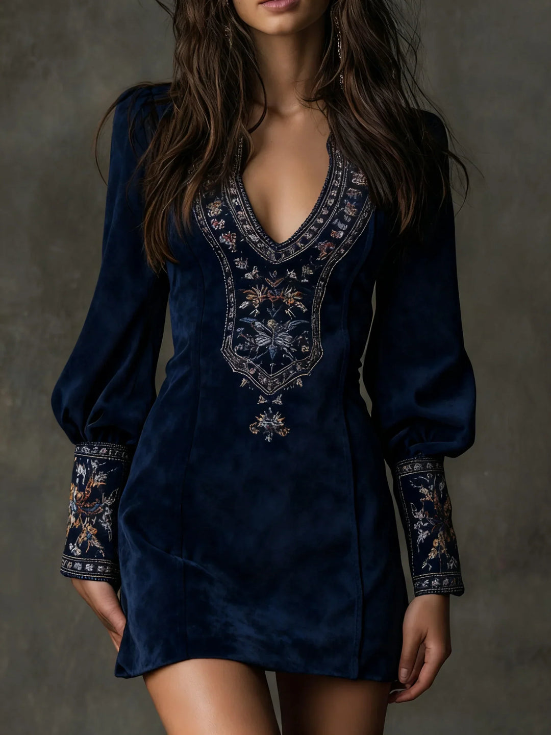 Gyana | Embroidered Mini Dress with Deep V-Neck