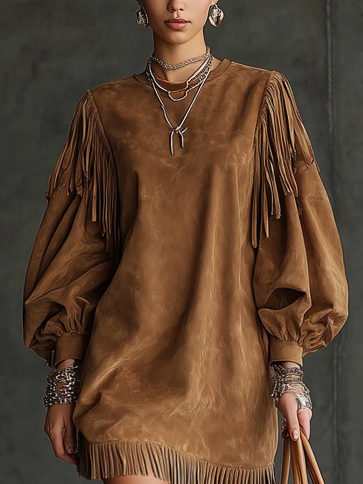 Mia | Vintage Mini Suede Dress with Fringes