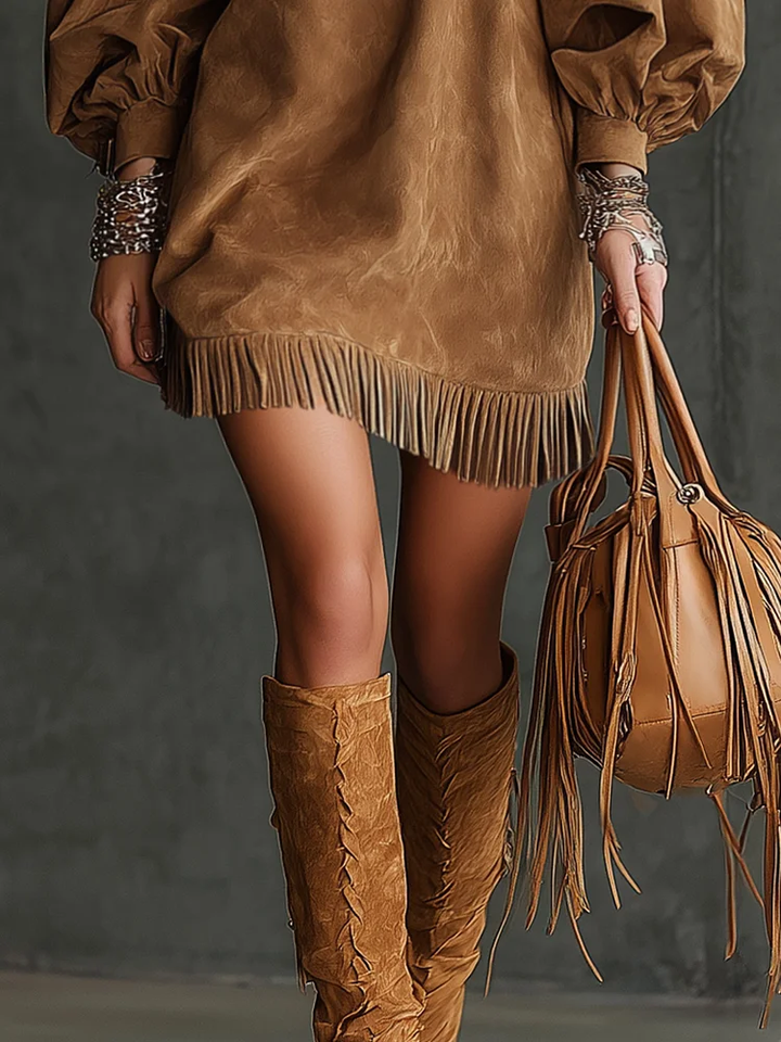 Mia | Vintage Mini Suede Dress with Fringes