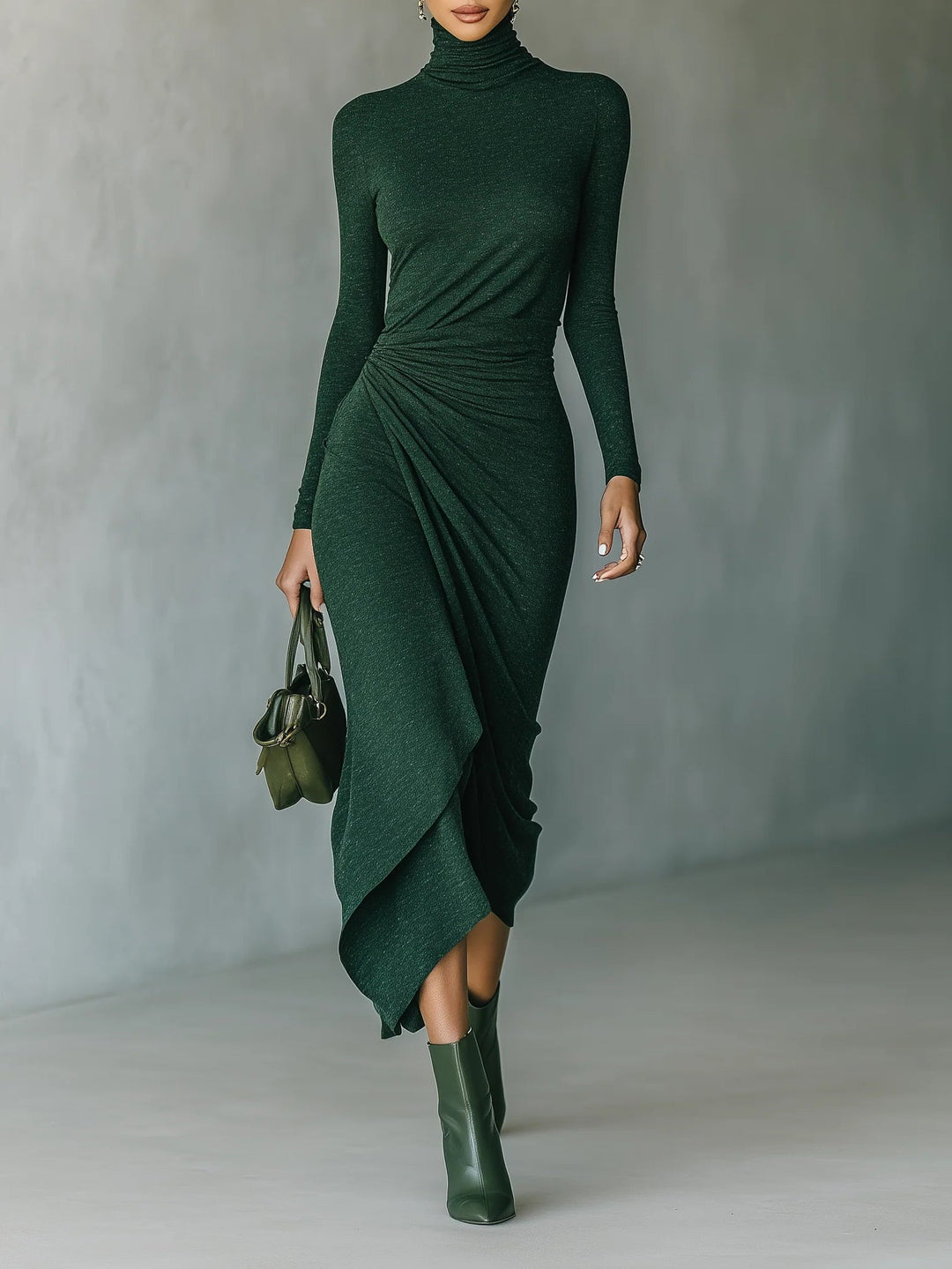 Women's dress | midi with a fitted turtleneck and gathering