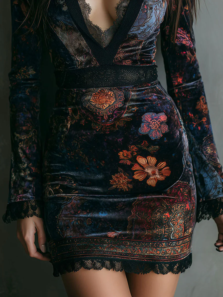 Maria ❘ Mini floral velvet dress with lace