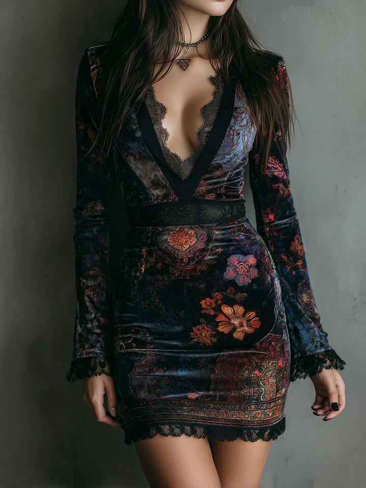 Maria ❘ Mini floral velvet dress with lace