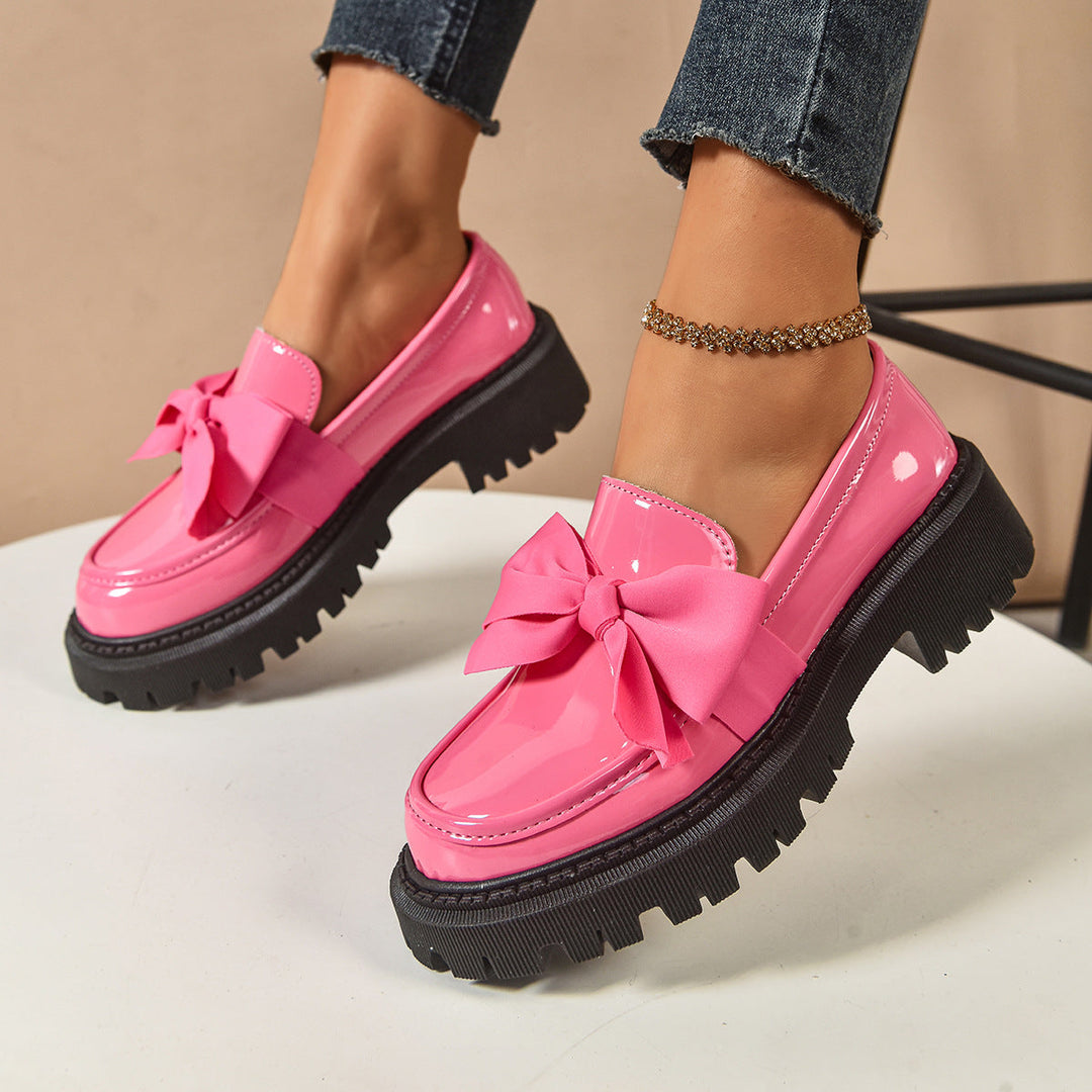 Women's Vintage Bow-Tie Loafer Shoes | Chunky Heel Slip-On