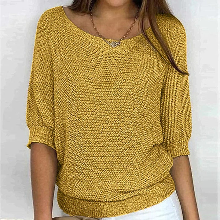 Solid Color Sweater with Round Neck and 3/4 Sleeves