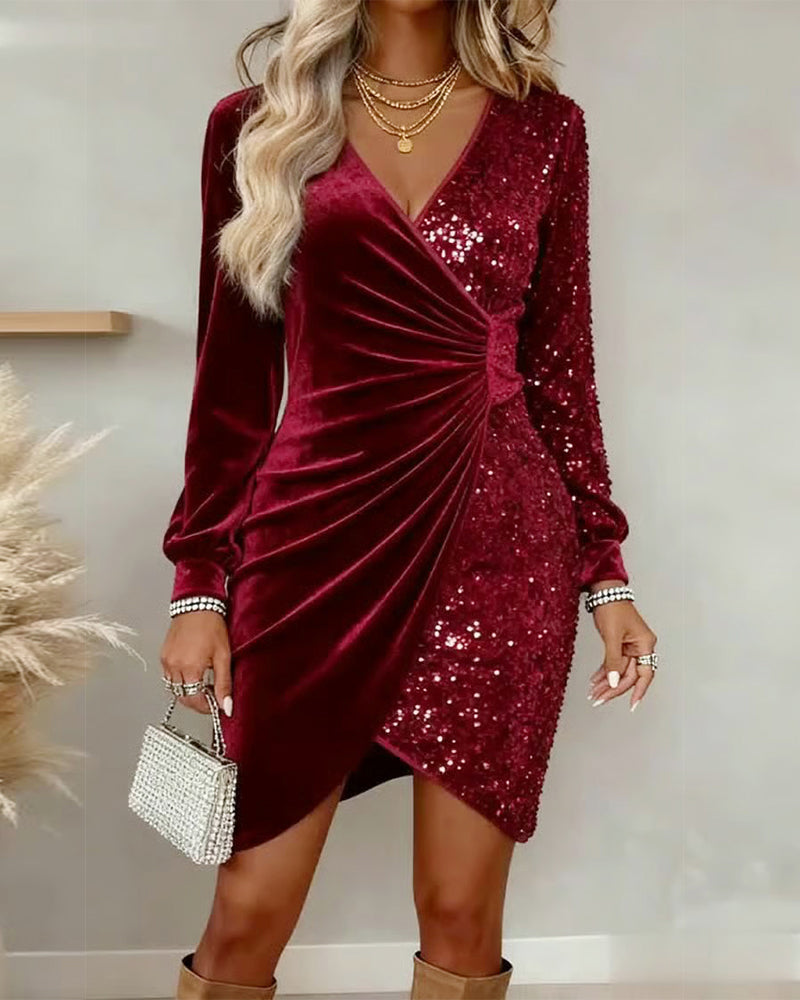 Elegant women's dress with sequins and asymmetric gathering