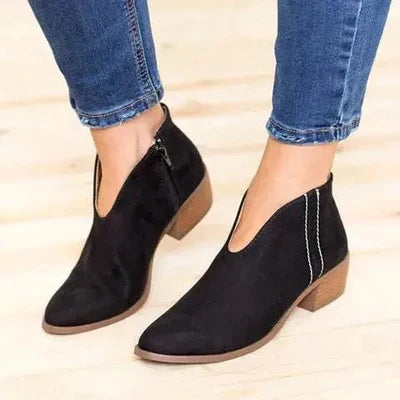 Women’s V-Cut Ankle Boots with Block Heel and Side Zipper