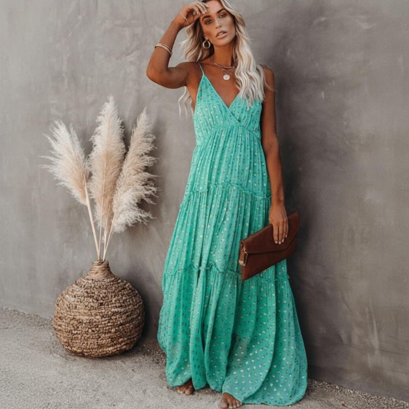 Women's Sleeveless Dress with V-Neck and Subtle Pattern