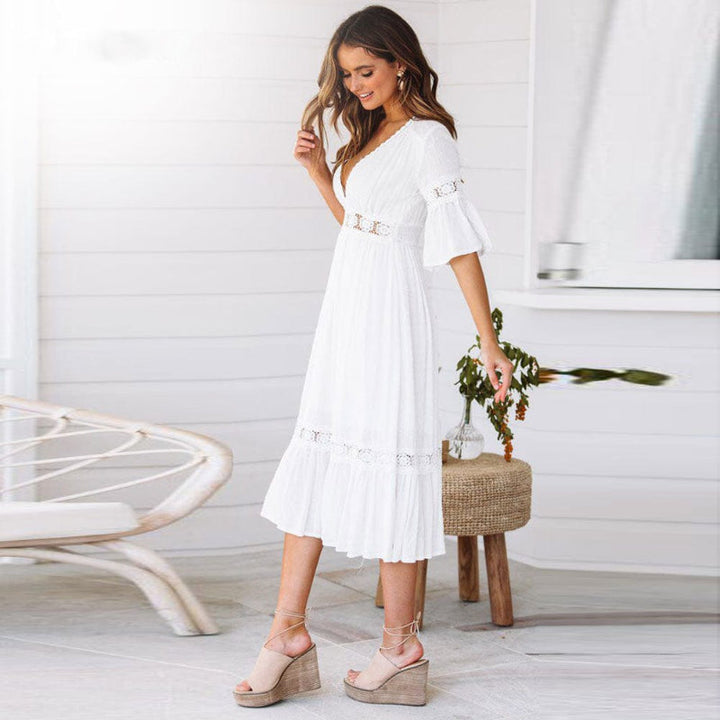 Women's Boho Dress with V-Neck and Lace Inserts