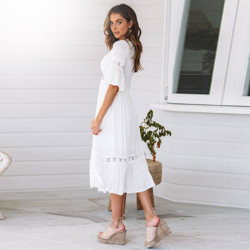 Women's Boho Dress with V-Neck and Lace Inserts