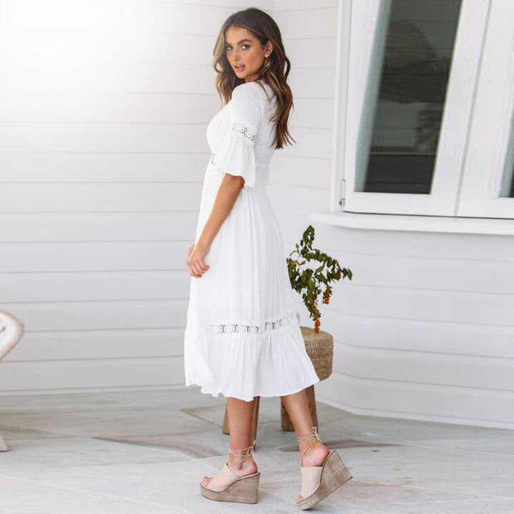 Women's Boho Dress with V-Neck and Lace Inserts