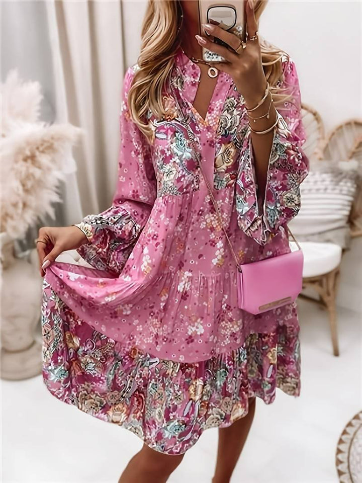 Scarlett | Boho Midi Dress Floral Print V-Neck Long Sleeve Tiered