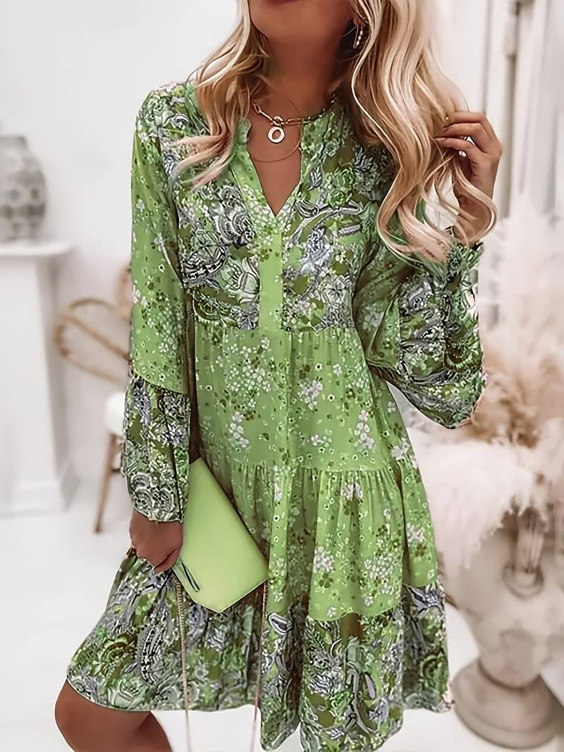 Scarlett | Boho Midi Dress Floral Print V-Neck Long Sleeve Tiered