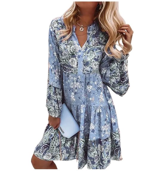 Scarlett | Boho Midi Dress Floral Print V-Neck Long Sleeve Tiered