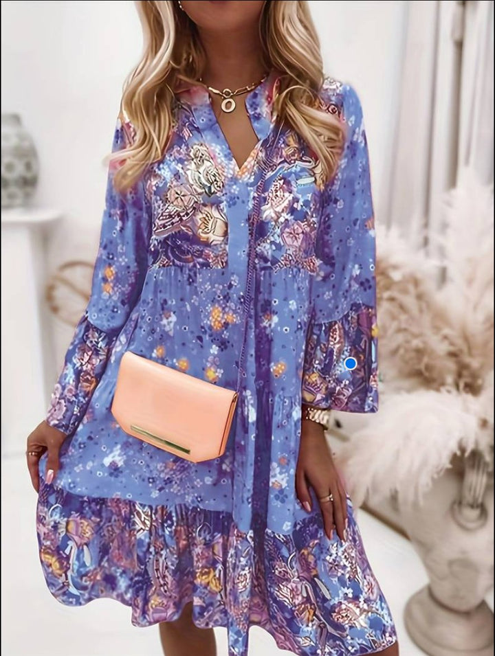 Scarlett | Boho Midi Dress Floral Print V-Neck Long Sleeve Tiered