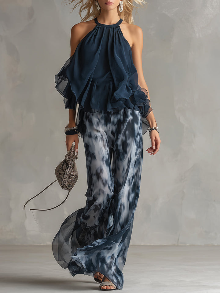 Ludovica – Chic Ensemble with High-Collared Blouse and Flowing Printed Pants
