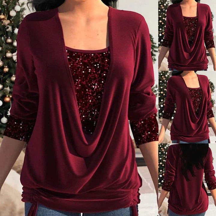 Women's blouse with sequin panel and draped neckline