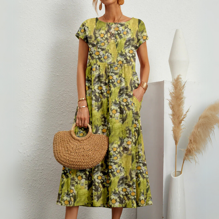 Women’s Relaxed Fit Midi Dress with Short Sleeves and Side Pockets