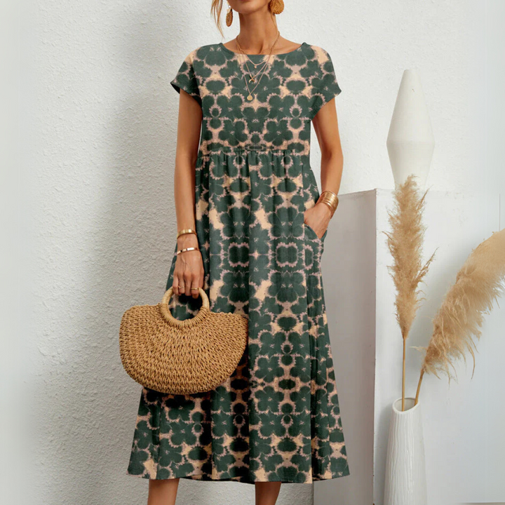 Women’s Relaxed Fit Midi Dress with Short Sleeves and Side Pockets