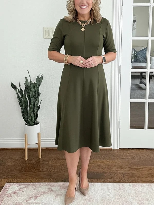 Women's Midi Dress with Short Sleeves and Flared Skirt