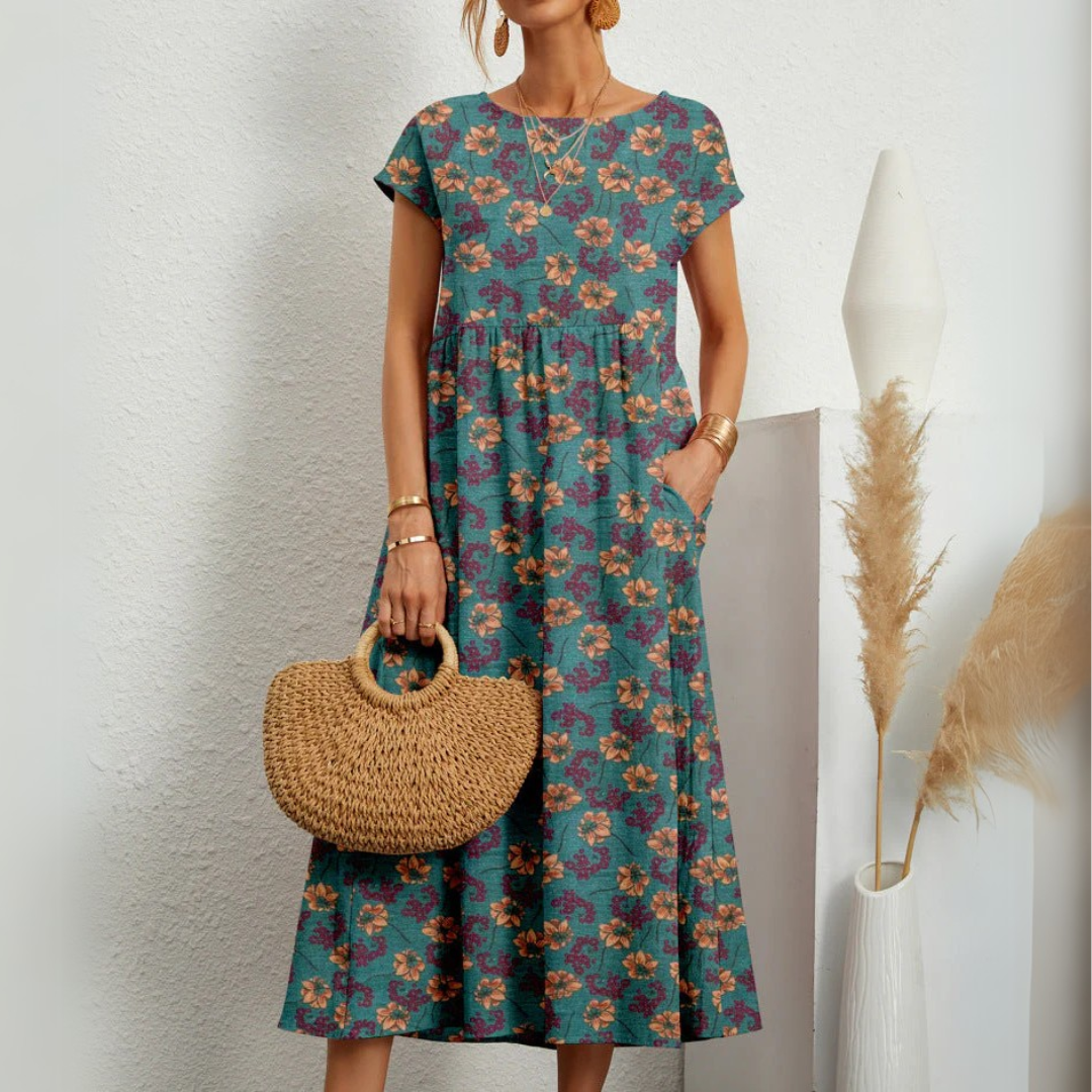 Women’s Relaxed Fit Midi Dress with Short Sleeves and Side Pockets