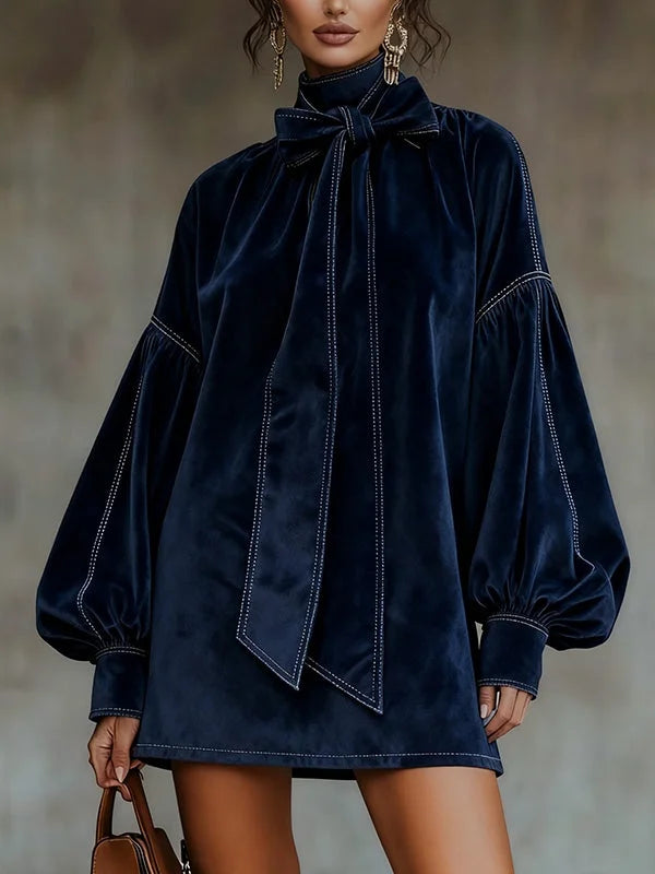 Dark Blue Mini Dress with Velvet Cut and Lantern-Shaped Sleeves