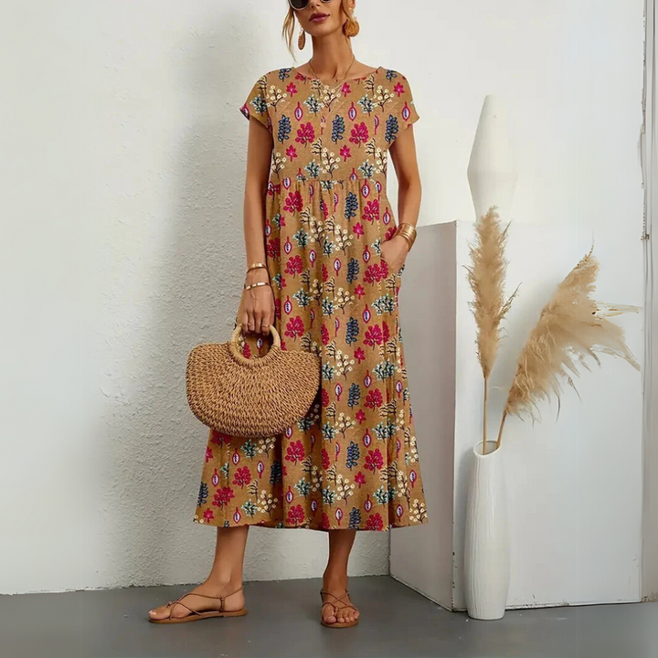 Women’s Relaxed Fit Midi Dress with Short Sleeves and Side Pockets