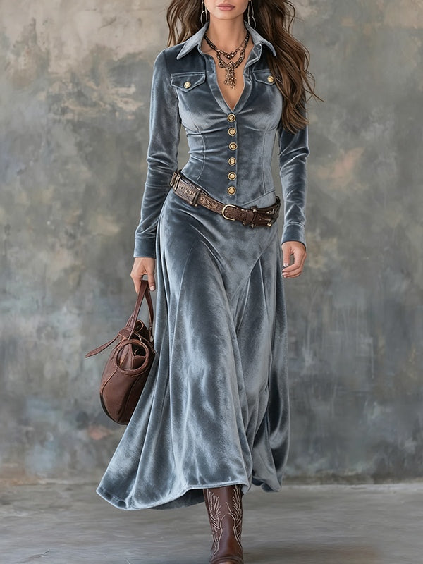 Gray Velvet Maxi Dress with Lapels and Metal Buttons (with belt)