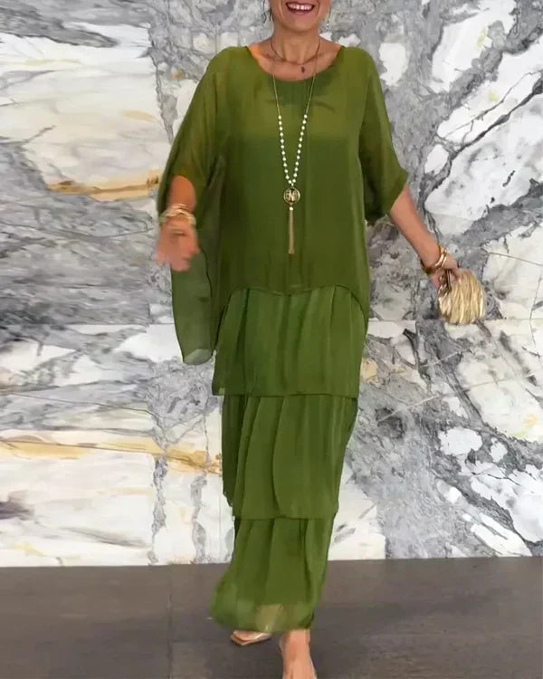 Women's Loose-Fitting Maxi Dress with Layered Hem