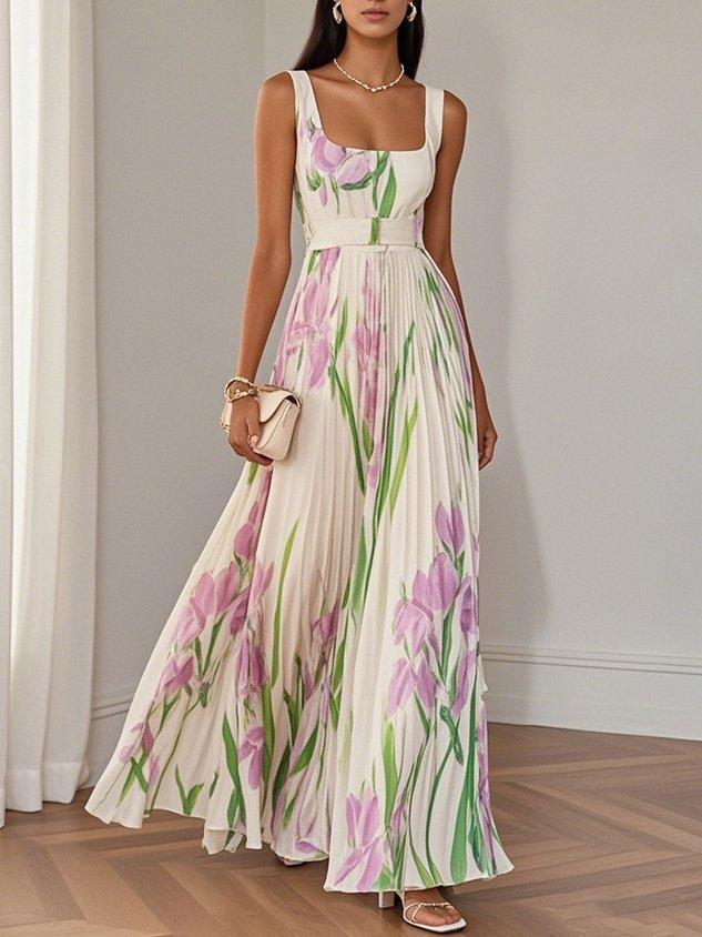 Marie | Pleated Floral Chiffon Maxi Dress